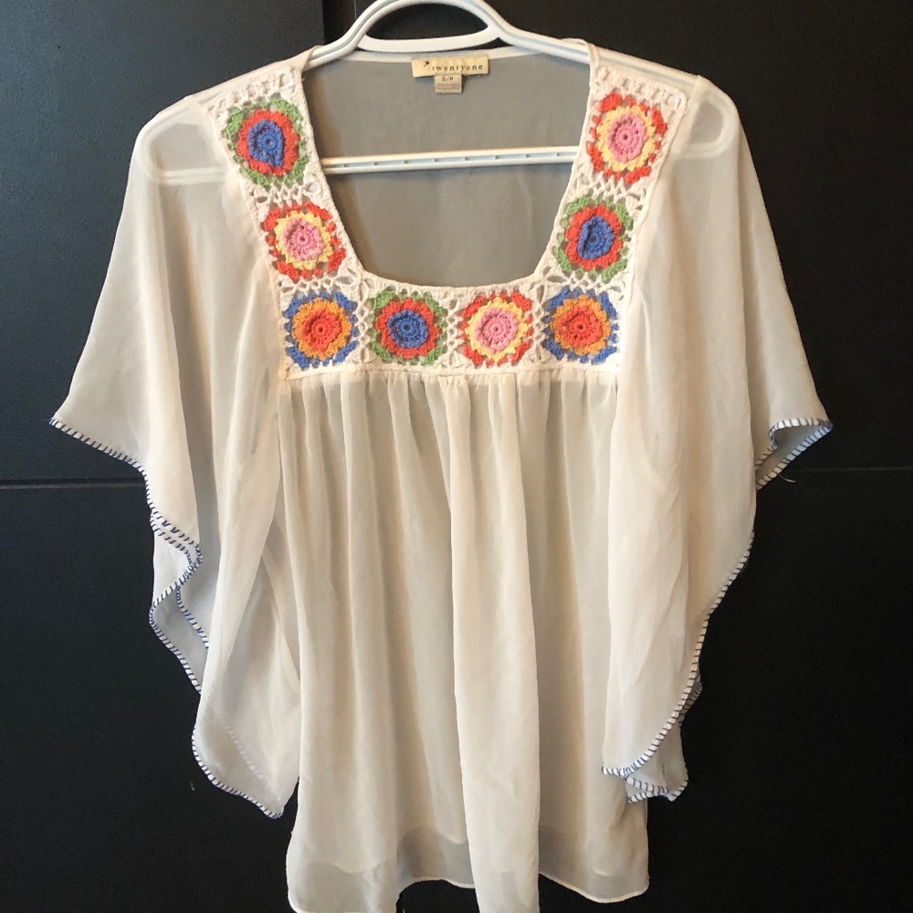 Crochet and Chiffon Swimsuit Coverup Top